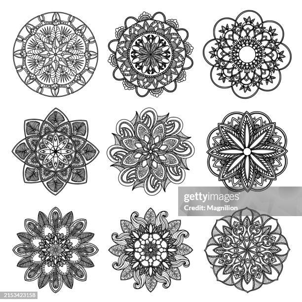 doodle mandala collection, nine intricate black and white designs - ornament stock-grafiken, -clipart, -cartoons und -symbole