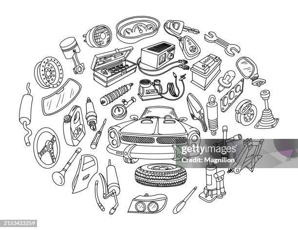 ilustraciones, imágenes clip art, dibujos animados e iconos de stock de garabato de piezas de automóviles, ilustración vectorial en blanco y negro - mechanical drawing car