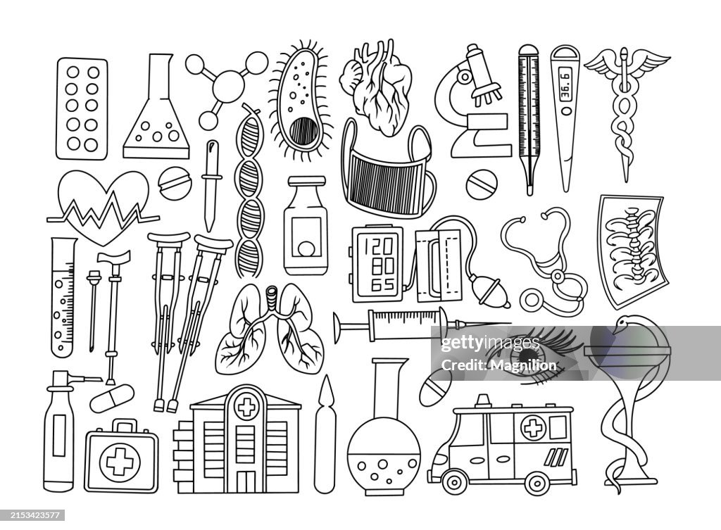 Ensemble de griffonnages médicaux et de soins de santé