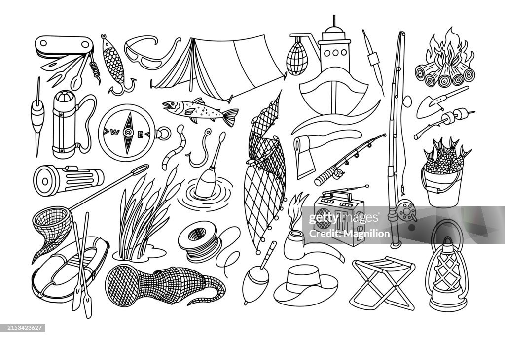 Fishing and Camping Doodles, Black and White Outdoor Adventure Illustrations