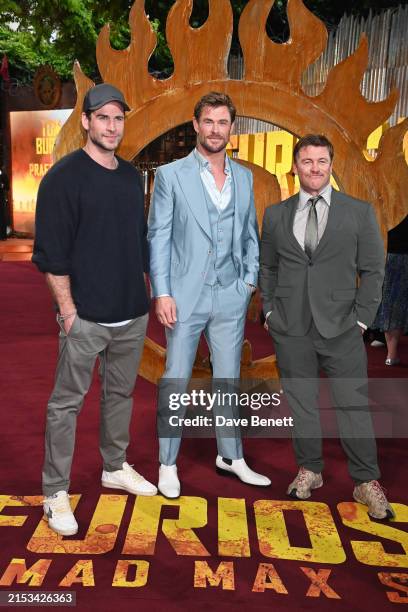 Liam Hemsworth, Chris Hemsworth and Luke Hemsworth attend the UK Premiere of "Furiosa: A Mad Max Saga" at BFI IMAX Waterloo on May 17, 2024 in...