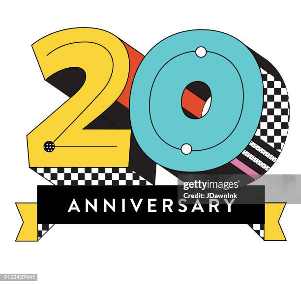 ilustraciones, imágenes clip art, dibujos animados e iconos de stock de diseño de tipografía geométrica 3d y2k de etiqueta de 20 años en patrones y colores brillantes sobre fondo blanco - 20° aniversario