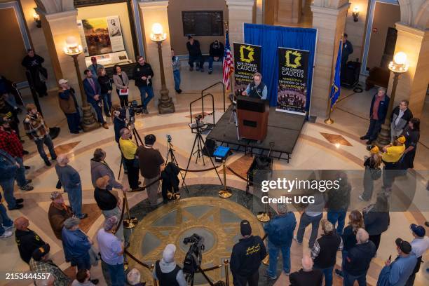 St. Paul, Minnesota. State capitol. Rally for gun rights to defend the second amendment. The Chair of the Gun Owners Caucus speaking at the rally.