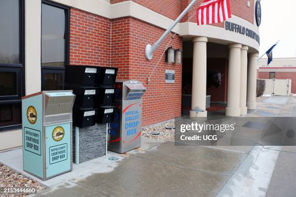 Ballot drop boxes at the Buffalo County courthouse and government center in Kearney Nebraska, a city with about 34,000 residents located along...