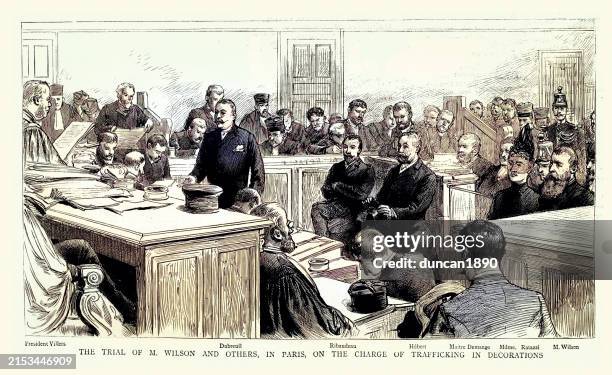 illustrations, cliparts, dessins animés et icônes de histoire du droit, piste dans une salle d’audience française, trafic de décorations, avocats, accusé, témoin, 1880s 19ème siècle justice - audience au tribunal