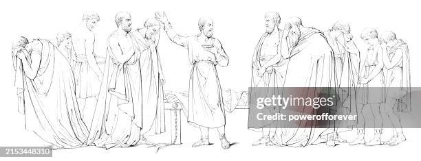 socrates drinking the hemlock, bas-relief sculpture by antonio canova - 18th century - marble statue stock illustrations