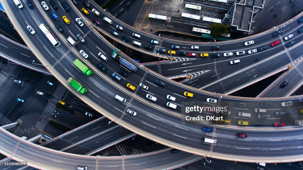 Aerial view at Nanpu bridge highway junction in Shanghai