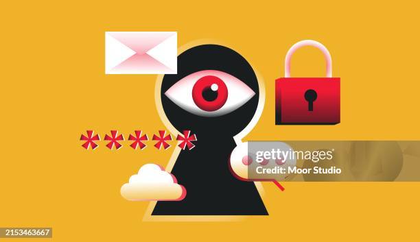 ilustraciones, imágenes clip art, dibujos animados e iconos de stock de ojo del hacker en una ilustración vectorial de ojo de cerradura - seguridad de redes