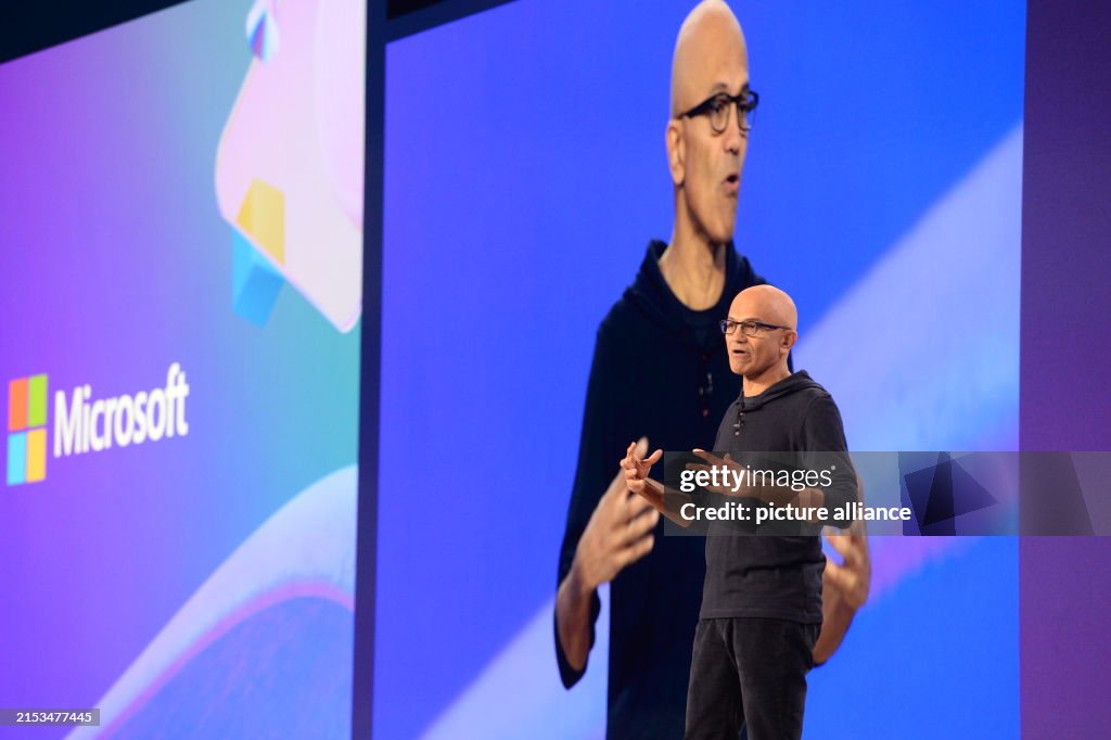 Satya Nadella, CEO of Microsoft, speaks on stage at the Build... News ...