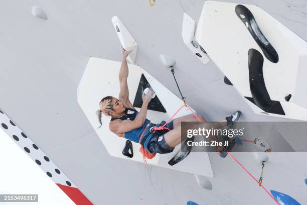 Miho Nonaka of Japan competes in the Women's Sport Climbing Boulder & Lead Semifinal on day three of 2024 Olympic Qualifier Series Shanghai on May...