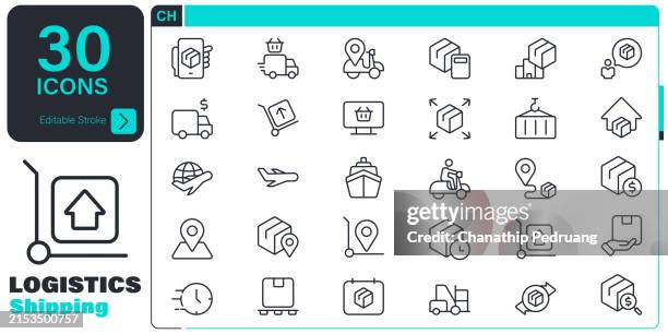 logistics icon set. 30 editable stroke vector graphic elements, stock illustration icon symbol, business, freight transportation, supply chain, delivering - shipping container inside stock illustrations