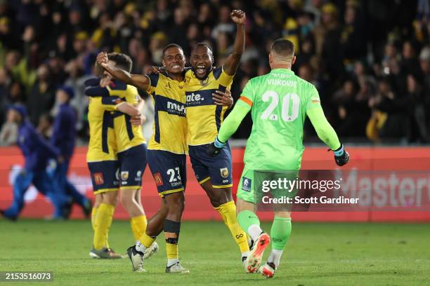 Central Coast Mainers players celebrate making the grand final during the A-League Men Semi Final match between Central Coast Mariners and Sydney FC...