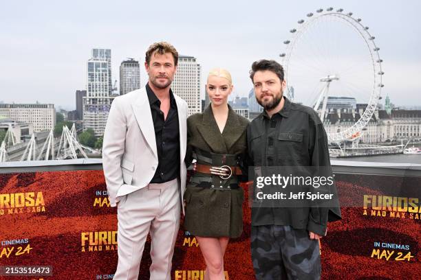 Chris Hemsworth, Anya Taylor-Joy and Tom Burke attend the London photocall of "Furiosa: A Mad Max Saga" at Corinthia Hotel London on May 18, 2024 in...