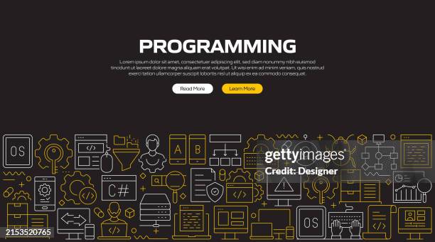 programming related line style banner design for web page, headline, brochure, annual report and book cover - developer stock illustrations