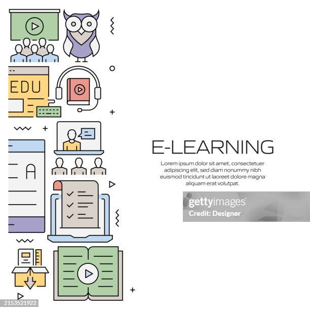 e-learning related line style banner design for web page, headline, brochure, annual report and book cover - students learning computer programming stock illustrations