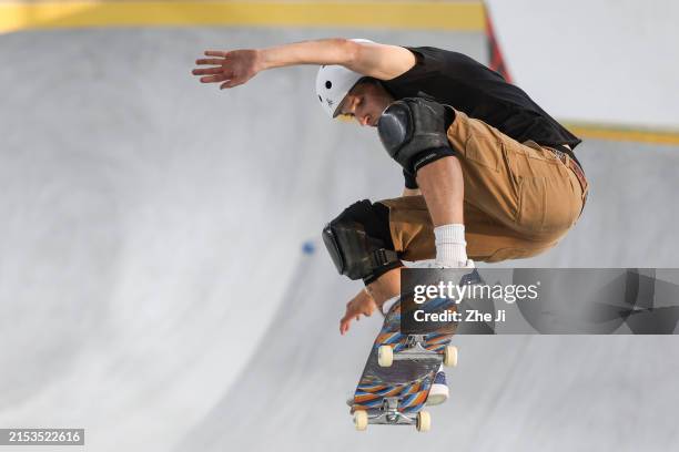 Jagger Eaton of the United States competes competes during Skateboarding Men's Park Semifinal on day three of the Olympic Qualifier Series Shanghai...