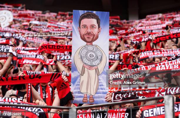 Detailed view of a banner of Xabi Alonso prior to the Bundesliga match between Bayer 04 Leverkusen and FC Augsburg at BayArena on May 18, 2024 in...