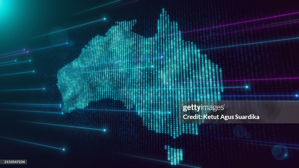 Futuristic Blue Violet Shiny Perspective Square Hud Particles Mosaic Grid Of Australia Map With Dotted Lines Light Flare