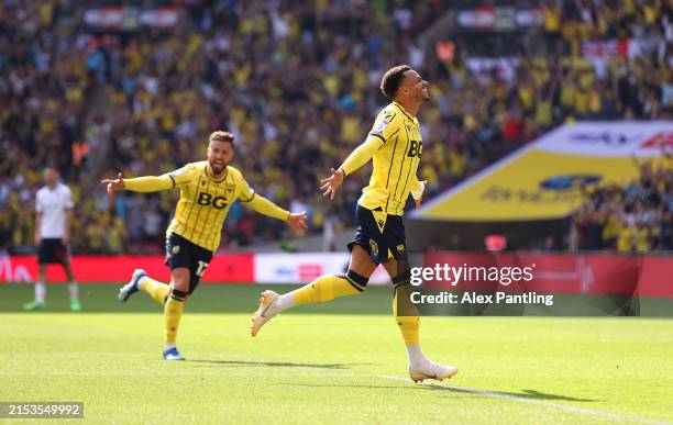 Josh Murphy of Oxford United celebrates scoring his team's first goal during the Sky Bet League One Play-Off Final match between Bolton Wanderers and...