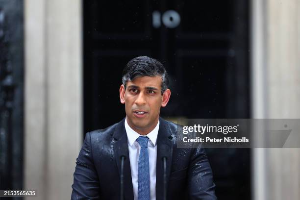 Prime Minister Rishi Sunak, announces the date for the UK General Election at Downing Street on May 22, 2024 in London, England. After much...