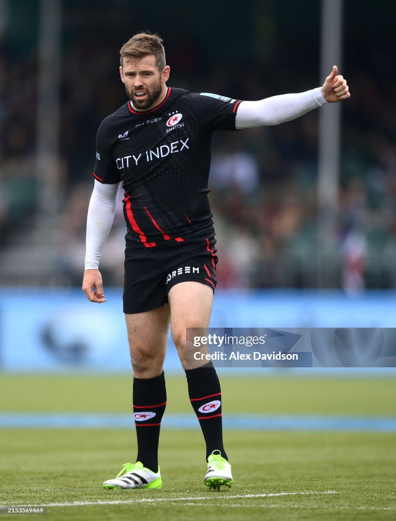Elliot Rugby Elliot Daly of Saracens react during the Gallagher Premiership Rugby ...