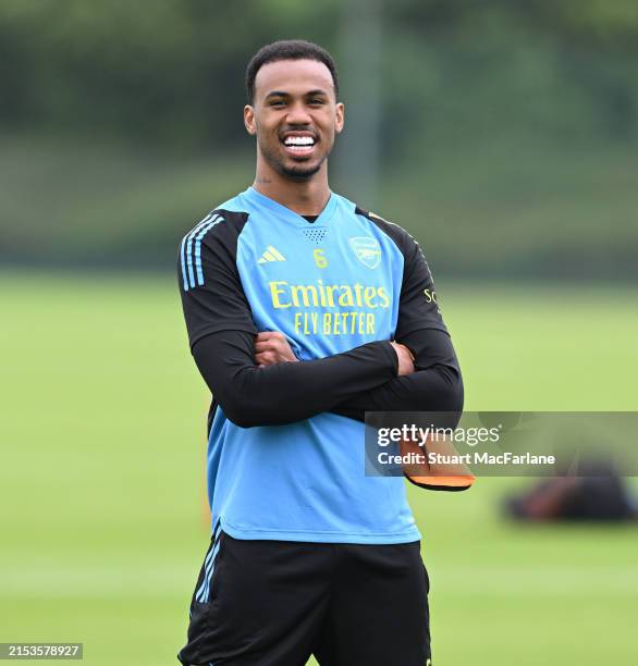 Gabriel of Arsenal during a training session at London Colney on May 18, 2024 in St Albans, England.