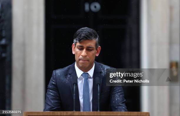 Britain's Prime Minister Rishi Sunak makes a statement regarding calling a general election, at Downing Street on May 22, 2024 in London, England....