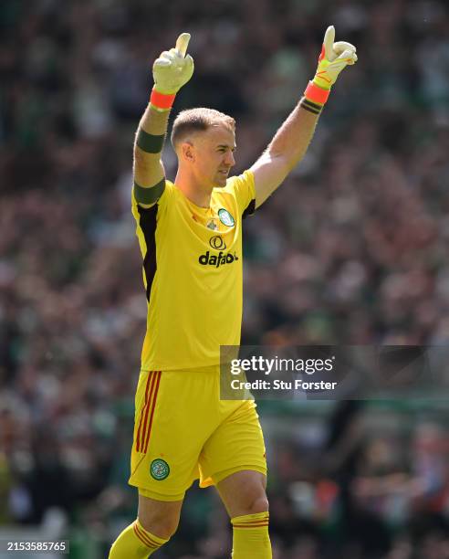 Celtic goalkeeper Joe Hart celebrates the second goal during the Cinch Scottish Premiership match between Celtic FC v St Mirren at Celtic Park...