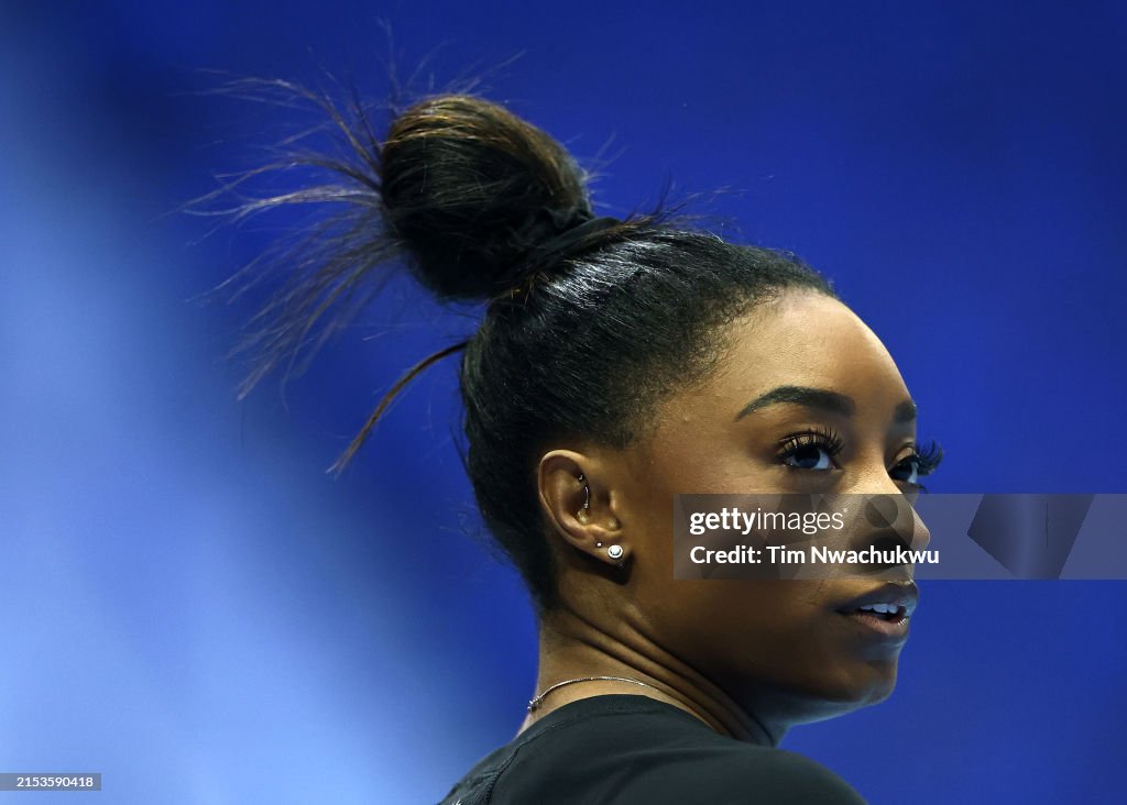 Simone Core Simone Biles looks on prior to the 2024 Core Hydration Classic at XL ...