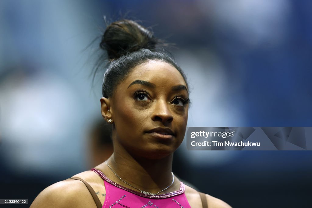Simone Core Simone Biles looks on prior to the 2024 Core Hydration Classic at XL ...