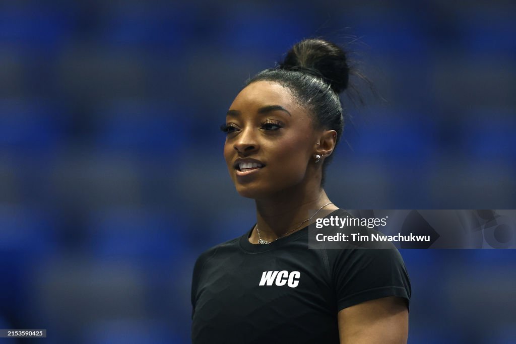 Simone Core Simone Biles looks on prior to the 2024 Core Hydration Classic at XL ...