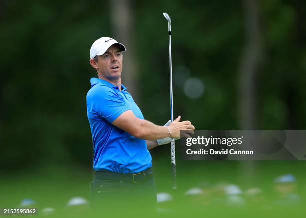 Rory McIlroy of Northern Ireland reacts to his second shot on the 12th hole during the third round of the 2024 PGA Championship at Valhalla Golf Club...