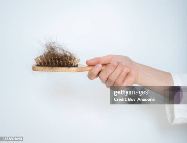 cropped shot of woman hand holding comb with messy hair loss after brushing her hair. - cabello humano fotografías e imágenes de stock
