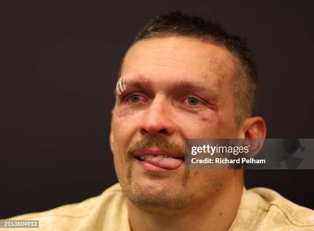 Oleksandr Usyk speaks to the media during a post fight press conference following victory over Tyson Fury in the IBF, WBA, WBC, WBO and Undisputed...