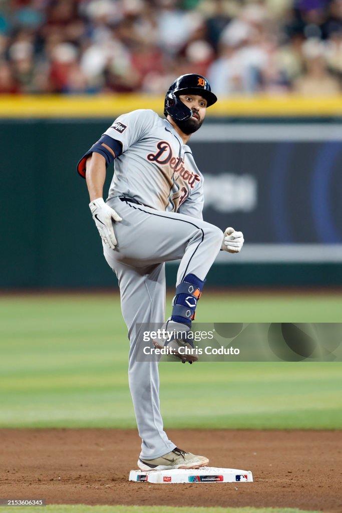 Roger Riley Arizona Diamondbacks Riley Greene of the Detroit Tigers reacts after hitting a double ...