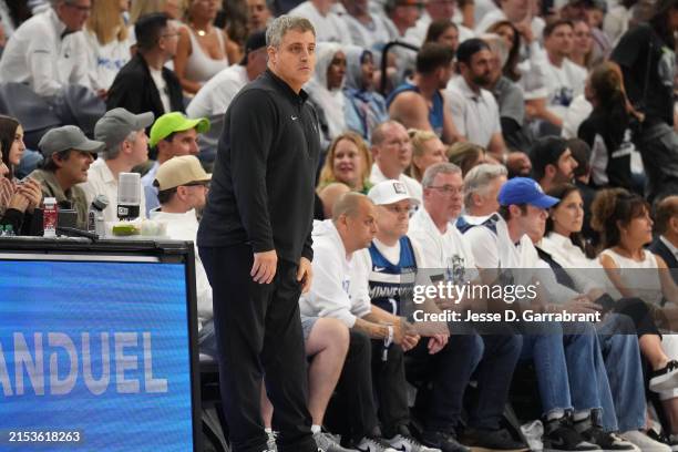 Assistant Coach Micah Nori of the Minnesota Timberwolves looks on during the game against the Dallas Mavericks during Game 1 of the Western...