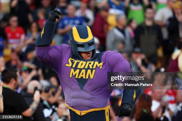 The Storm mascot is seen during the round 11 NRL match between Melbourne Storm and Parramatta Eels at Suncorp Stadium, on May 19 in Brisbane,...