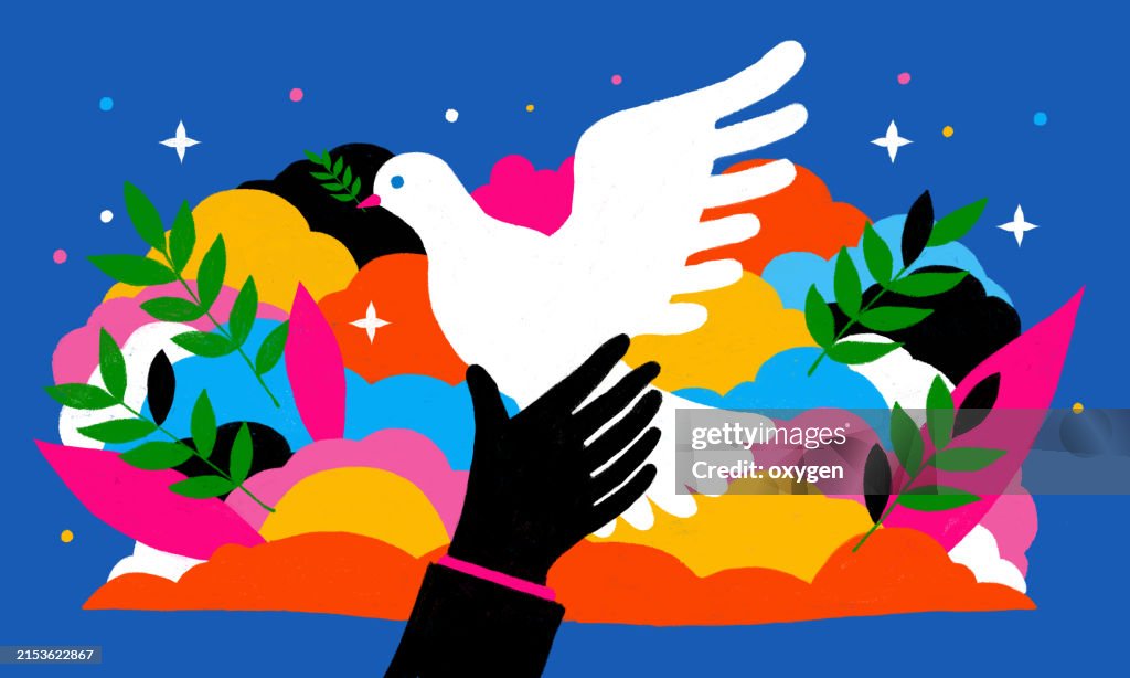 Hand Releasing Dove with Olive Branch on Colorful Background. International Peace Day