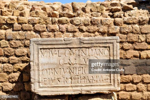 stone with an inscription in latin script - public library, roman city of timgad - algeria - einschreibungsveranstaltung stock-fotos und bilder