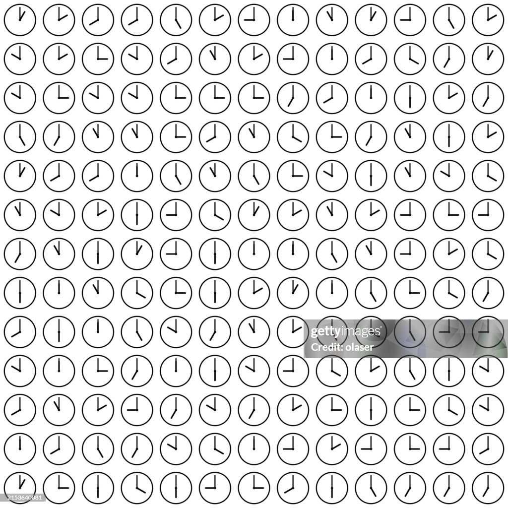 Iconic clocks in matrix pattern, showing random time