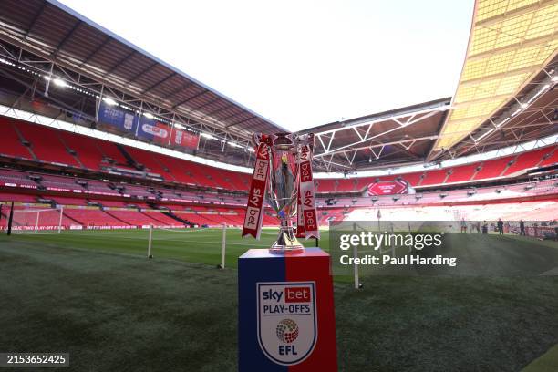 Detailed view of the Sky Bet League Two Play-Off Final trophy as it's is displayed on a plinth inside the stadium prior to the Sky Bet League Two...