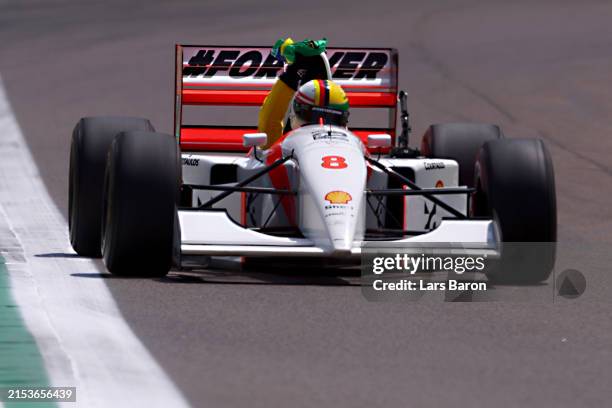 Sebastian Vettel drives the McLaren MP4/8 of Ayrton Senna on track prior to the F1 Grand Prix of Emilia-Romagna at Autodromo Enzo e Dino Ferrari...