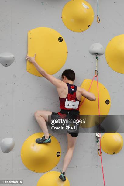 Zhilu Luo of China competes in the Women's Sport Climbing Boulder & Lead Final on day four of 2024 Olympic Qualifier Series Shanghai on May 19, 2024...