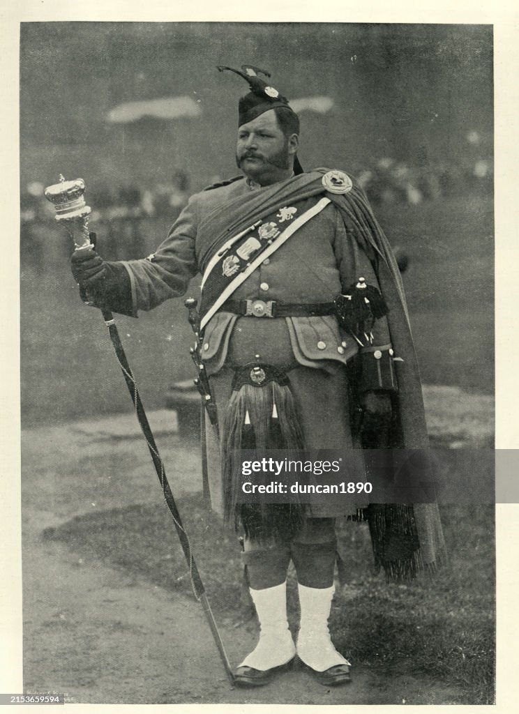 History, British army, Military, Soldier, Drum Major with London Scottish regiment, Victorian 19th Century, Vintage Photograph