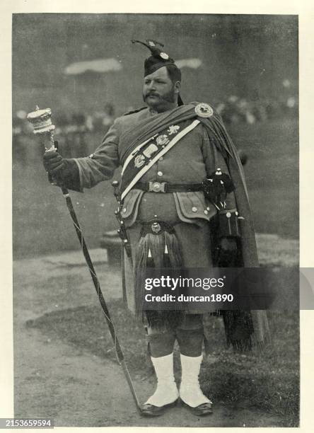 history, british army, military, soldier, drum major with london scottish regiment, victorian 19th century, vintage photograph - marching band drum major stock illustrations