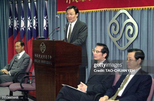 Taiwan's leading official in handling relations with China, Su Chi , chairman of cabinet-level Mainland Affairs Council speaks to reporters on...