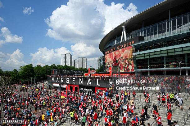 General view of the Emirates Stadium as fans begin to gather prior to the Premier League match between Arsenal FC and Everton FC at Emirates Stadium...