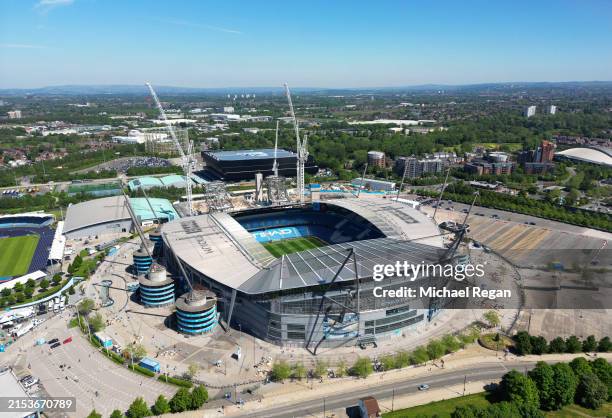 An aerial view of the Etihad Stadium, as the Co-op Live arena can be seen, prior to the Premier League match between Manchester City and West Ham...
