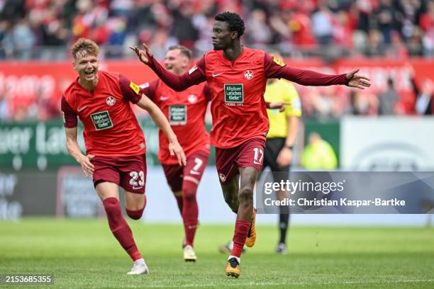 Aaron Opoku of 1. FC Kaiserslautern celebrates after scoring his team`s fifth goal during the Second Bundesliga match between 1. FC Kaiserslautern...