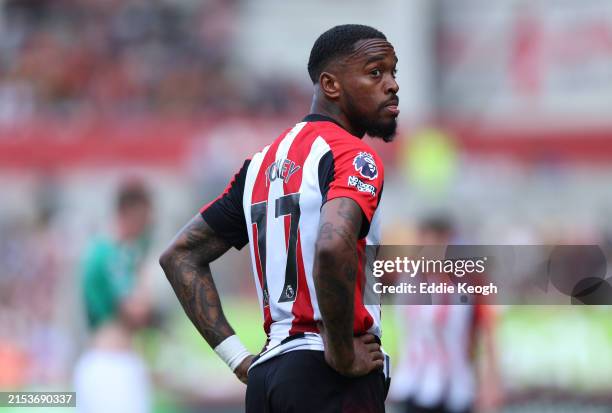 Ivan Toney of Brentford looks on during the Premier League match between Brentford FC and Newcastle United at Brentford Community Stadium on May 19,...